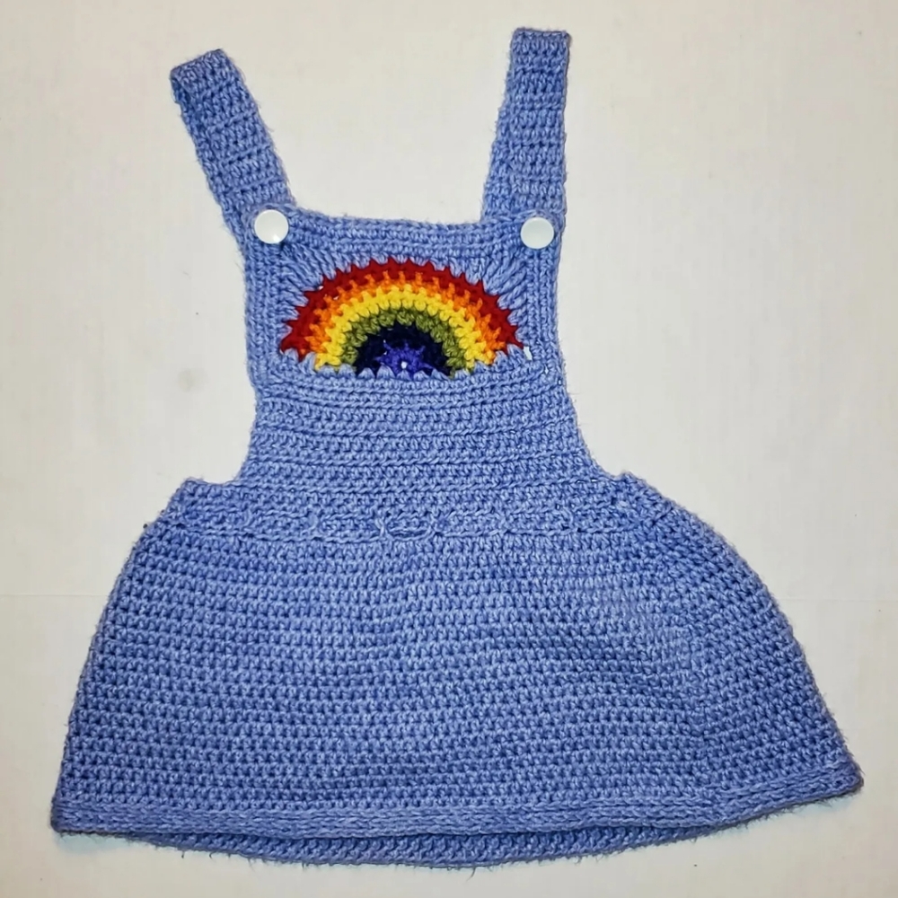 Girls Crochet Knitted Rainbow Overall Dress 18M Blue